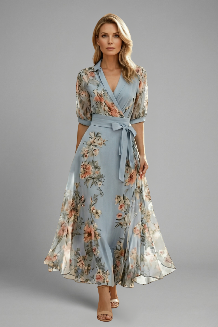 Women's Summer Dress | V-Neck Midi Floral Wrap Puff Sleeve