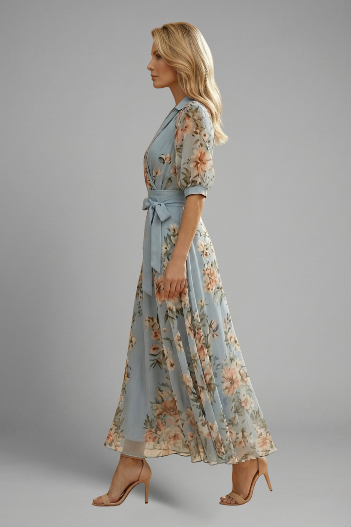 Women's Summer Dress | V-Neck Midi Floral Wrap Puff Sleeve