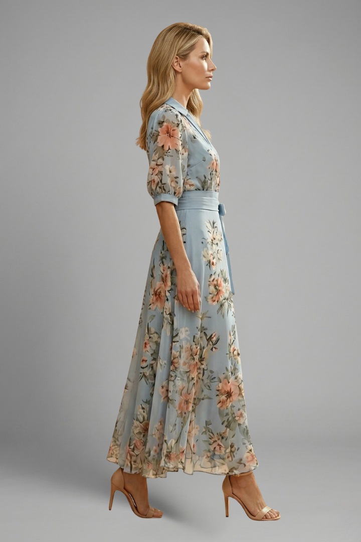 Women's Summer Dress | V-Neck Midi Floral Wrap Puff Sleeve