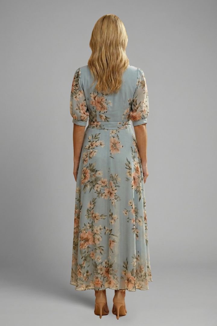 Women's Summer Dress | V-Neck Midi Floral Wrap Puff Sleeve