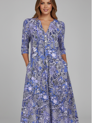 Women's Wedding Guest Dress | Midi Length V-Neck Three-Quarter Sleeves Flared