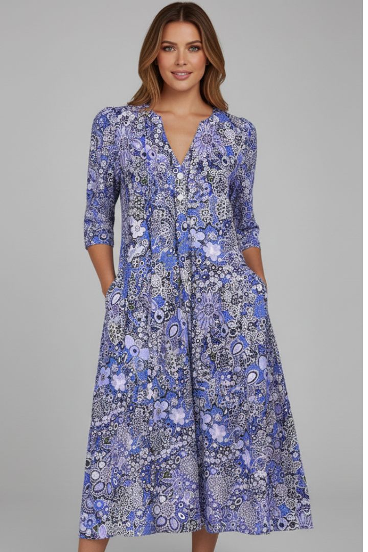Women's Wedding Guest Dress | Midi Length V-Neck Three-Quarter Sleeves Flared