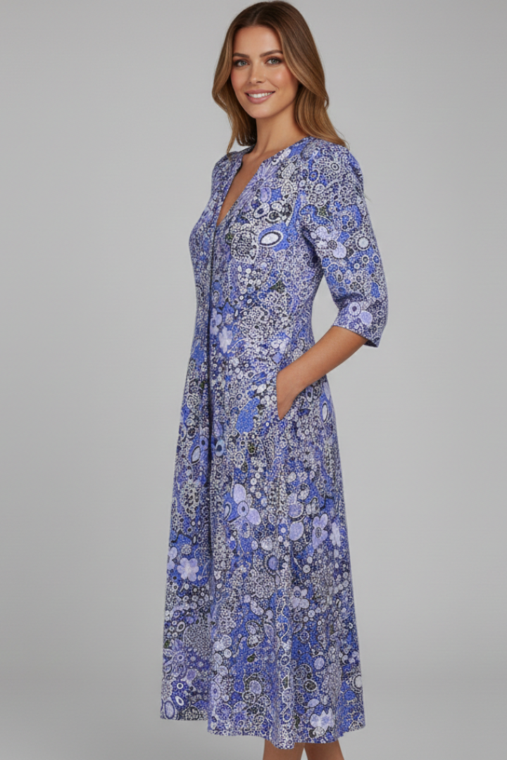 Women's Wedding Guest Dress | Midi Length V-Neck Three-Quarter Sleeves Flared