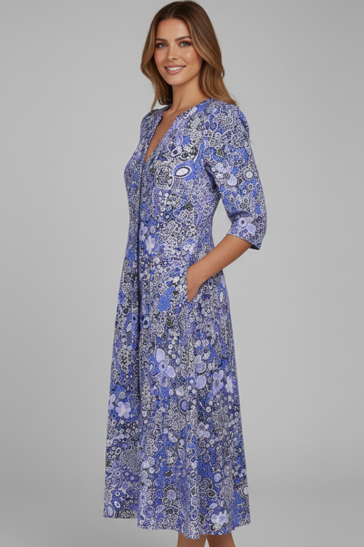 Women's Wedding Guest Dress | Midi Length V-Neck Three-Quarter Sleeves Flared