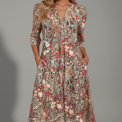 Women's Wedding Guest Dress | Midi Length V-Neck Three-Quarter Sleeves Flared