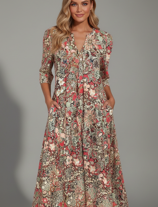 Women's Wedding Guest Dress | Midi Length V-Neck Three-Quarter Sleeves Flared