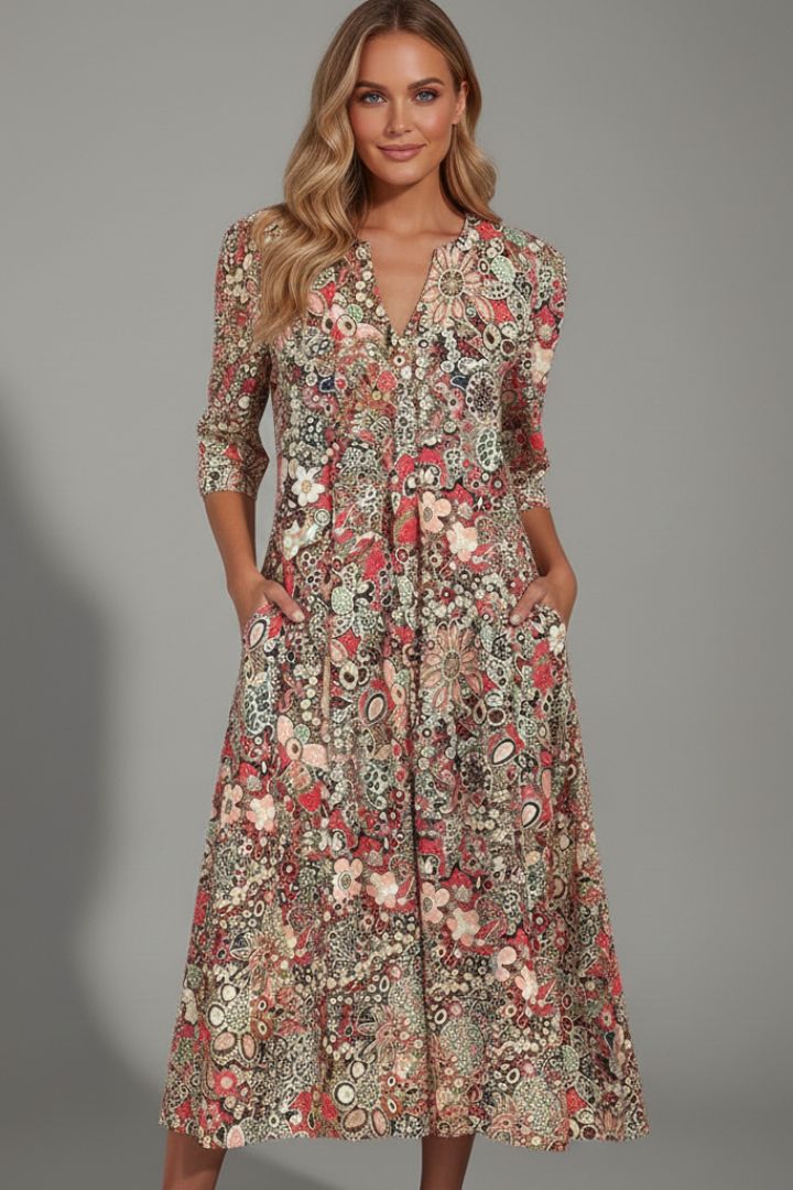 Women's Wedding Guest Dress | Midi Length V-Neck Three-Quarter Sleeves Flared