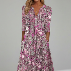 Women's Wedding Guest Dress | Midi Length V-Neck Three-Quarter Sleeves Flared