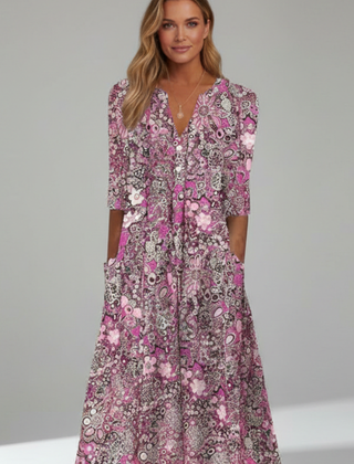 Women's Wedding Guest Dress | Midi Length V-Neck Three-Quarter Sleeves Flared