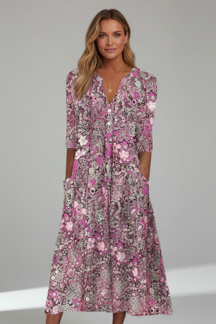 Women's Wedding Guest Dress | Midi Length V-Neck Three-Quarter Sleeves Flared
