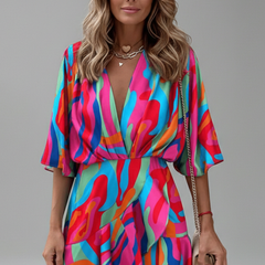 Women's Mini Dress | V Neckline Batwing Sleeve Wrap