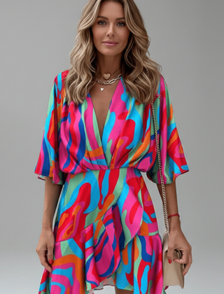 Women's Mini Dress | V Neckline Batwing Sleeve Wrap
