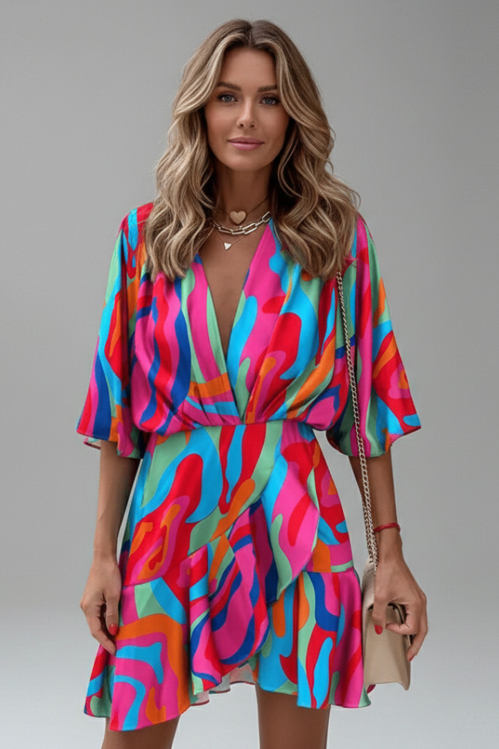 Women's Mini Dress | V Neckline Batwing Sleeve Wrap