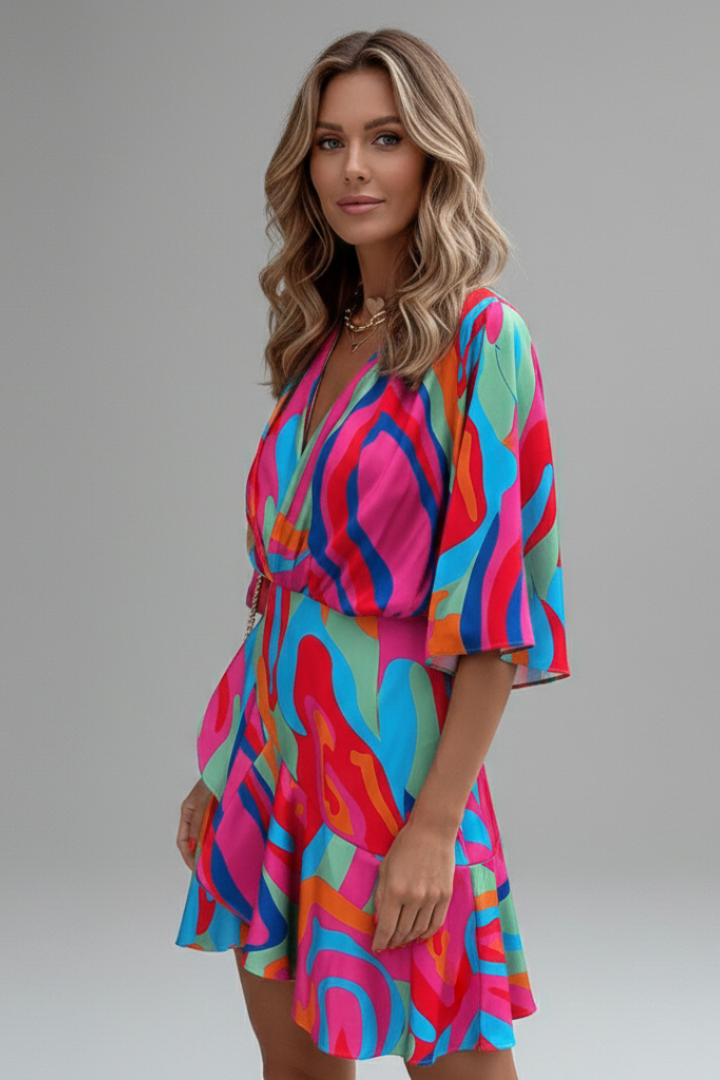 Women's Mini Dress | V Neckline Batwing Sleeve Wrap