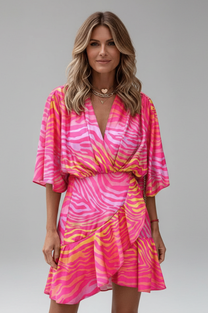 Women's Mini Dress | V Neckline Batwing Sleeve Wrap