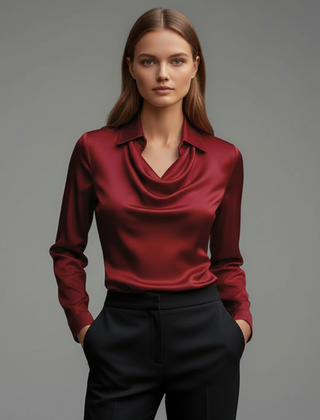 Women's Blouse | Draped Collar Long Sleeves Satin
