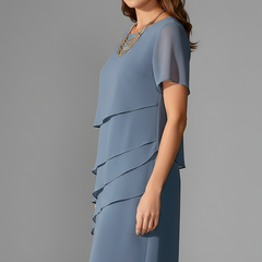 Women's Dress | Midi Length Layered Front Short Sleeve