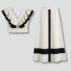 Women's Midi Skirt | V-Neck Ruffle Cropped Top Set