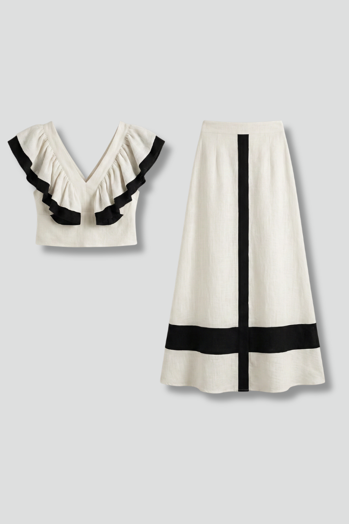 Women's Midi Skirt | V-Neck Ruffle Cropped Top Set