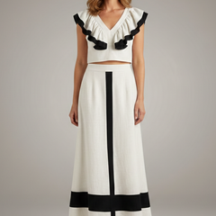 Women's Midi Skirt | V-Neck Ruffle Cropped Top Set