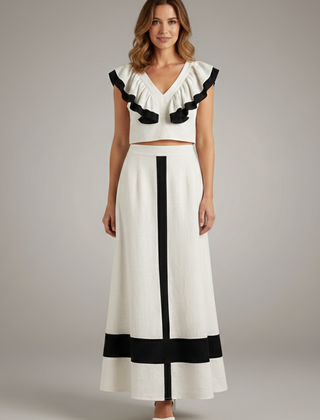 Women's Midi Skirt | V-Neck Ruffle Cropped Top Set