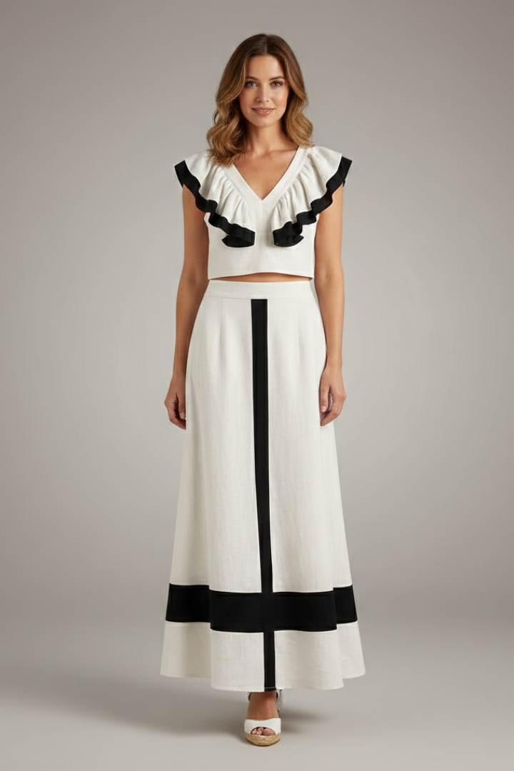Women's Midi Skirt | V-Neck Ruffle Cropped Top Set