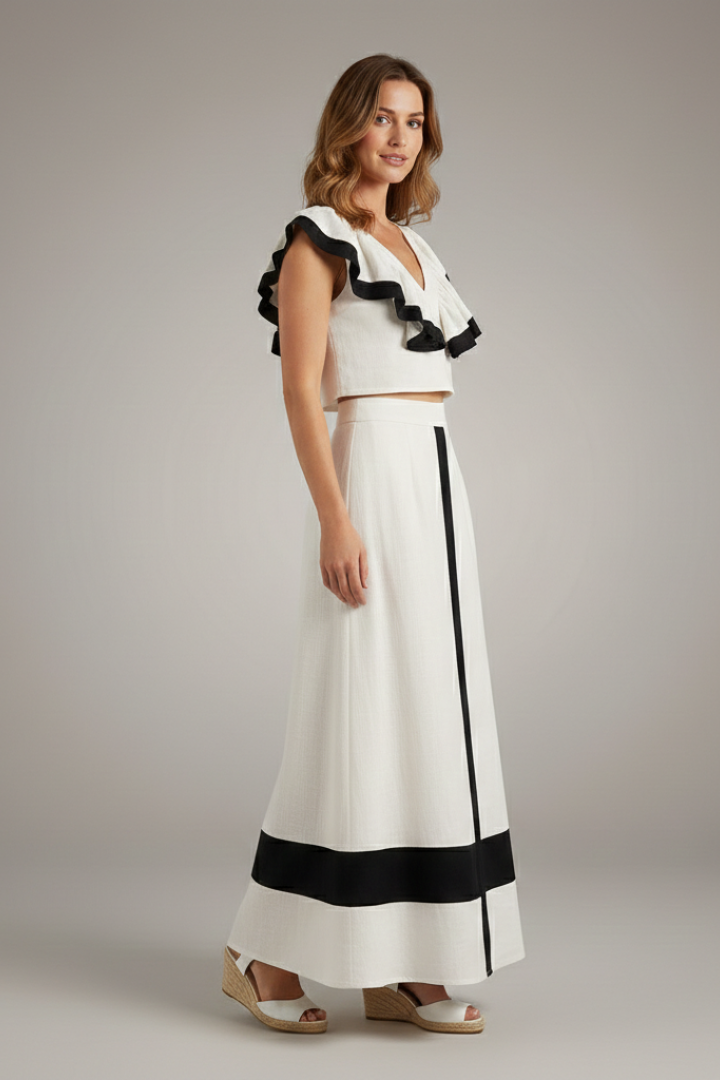 Women's Midi Skirt | V-Neck Ruffle Cropped Top Set