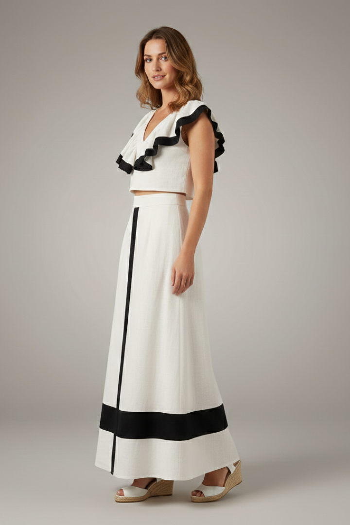 Women's Midi Skirt | V-Neck Ruffle Cropped Top Set
