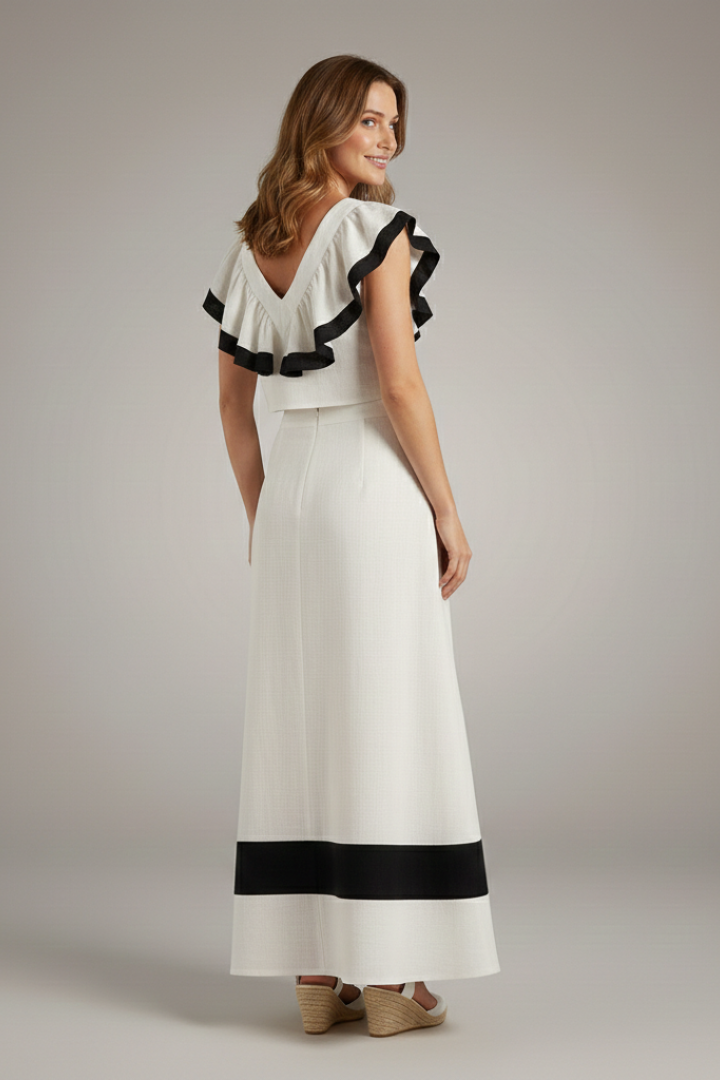 Women's Midi Skirt | V-Neck Ruffle Cropped Top Set