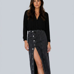 Women's Denim Skirt | Midi Length Button Front High Waist