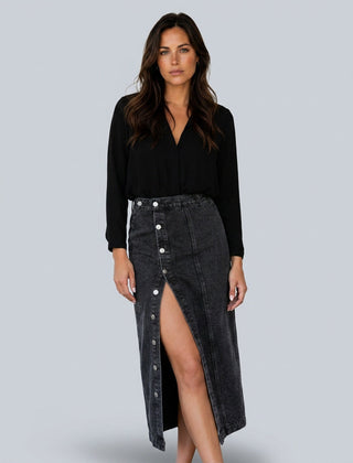 Women's Denim Skirt | Midi Length Button Front High Waist