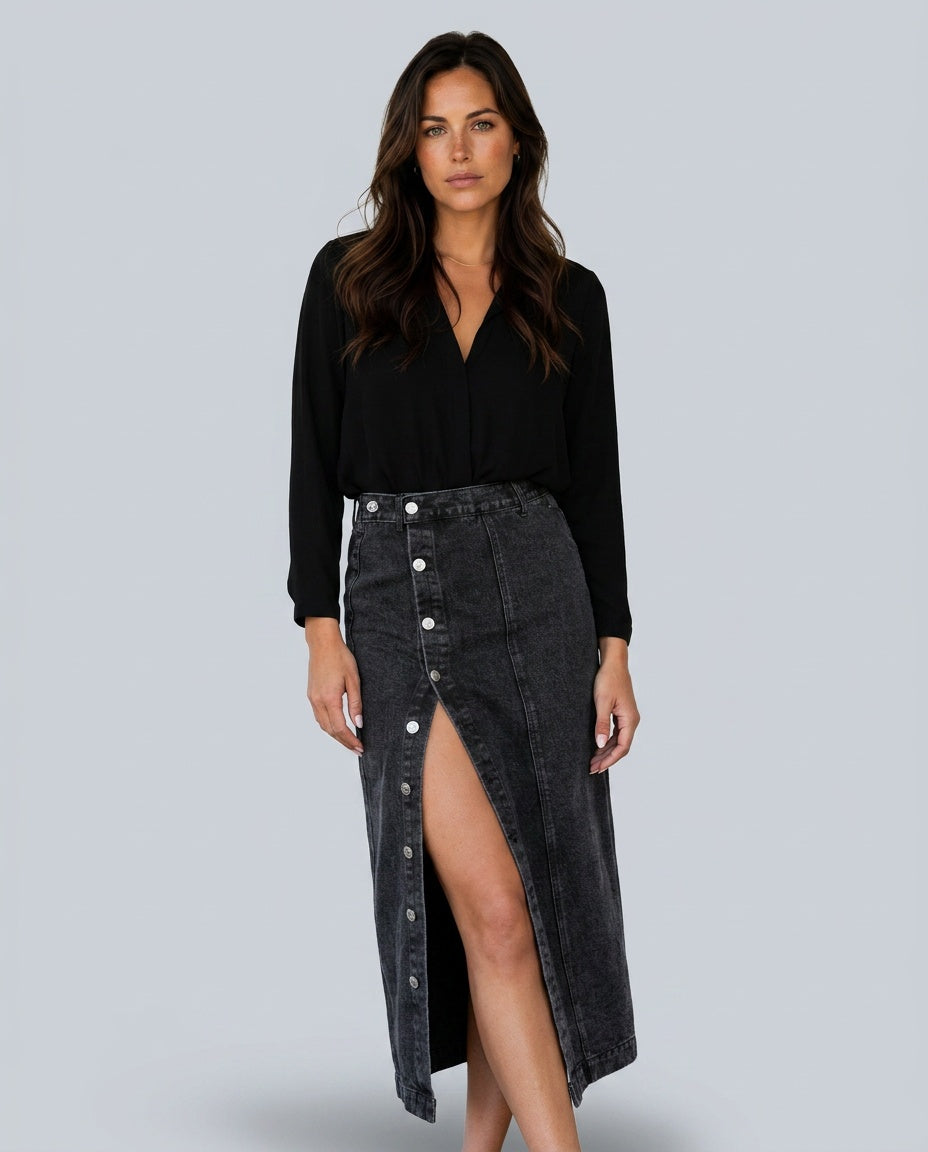 Women's Denim Skirt | Midi Length Button Front High Waist