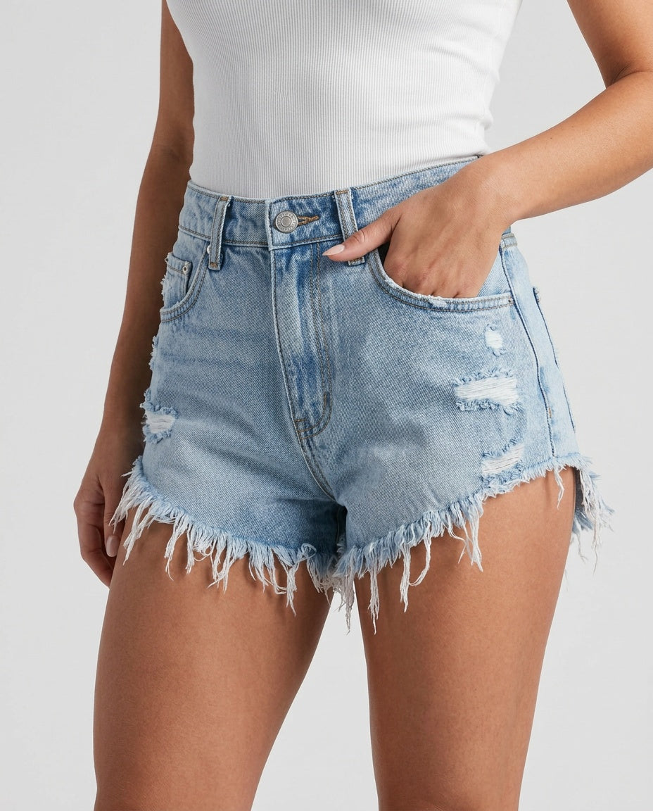 Women's Denim Shorts | Distressed Raw Edge Relaxed Fit