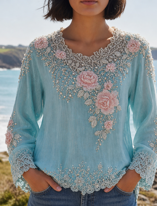 Almeria Floral Embroidered Lace Blouse in Blue