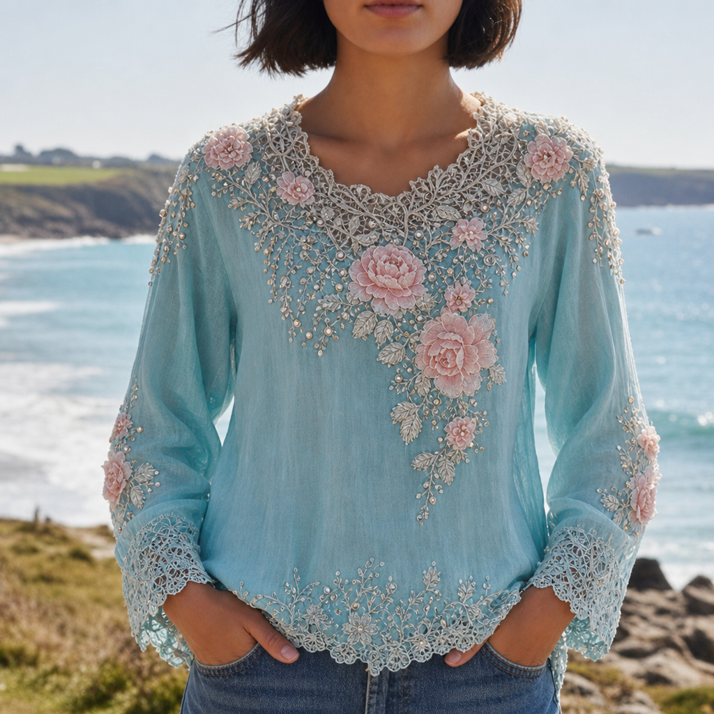 Almeria Floral Embroidered Lace Blouse in Blue