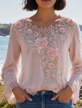 Almeria Floral Embroidered Lace Blouse in Pink