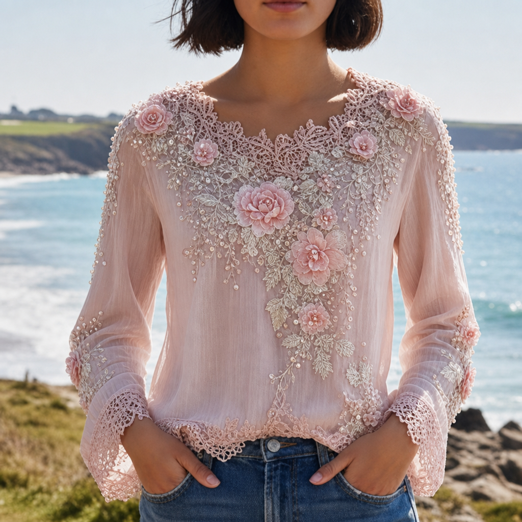 Almeria Floral Embroidered Lace Blouse in Pink