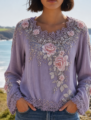 Almeria Floral Embroidered Lace Blouse in Purple