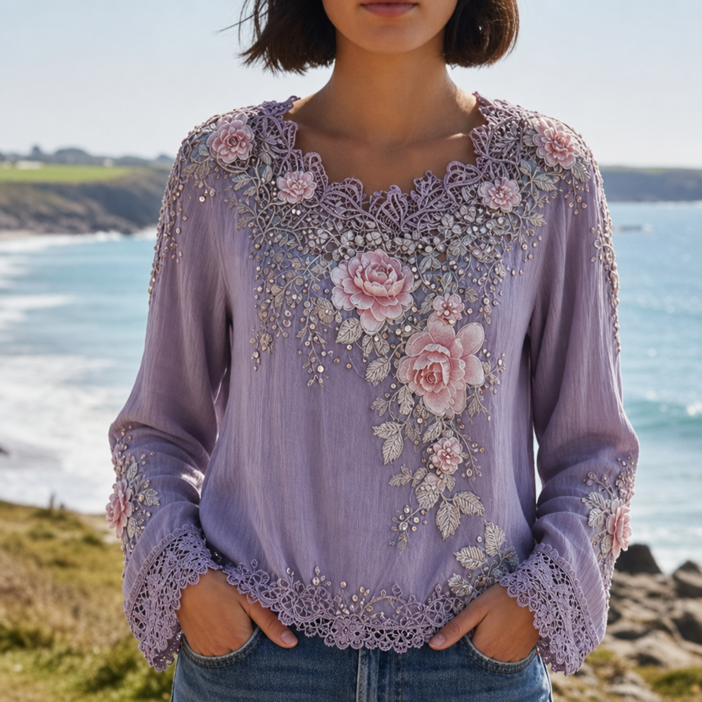 Almeria Floral Embroidered Lace Blouse in Purple