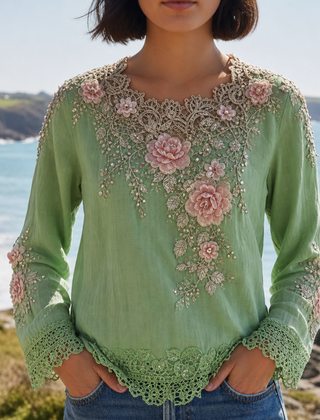 Almeria Floral Embroidered Lace Blouse in Green