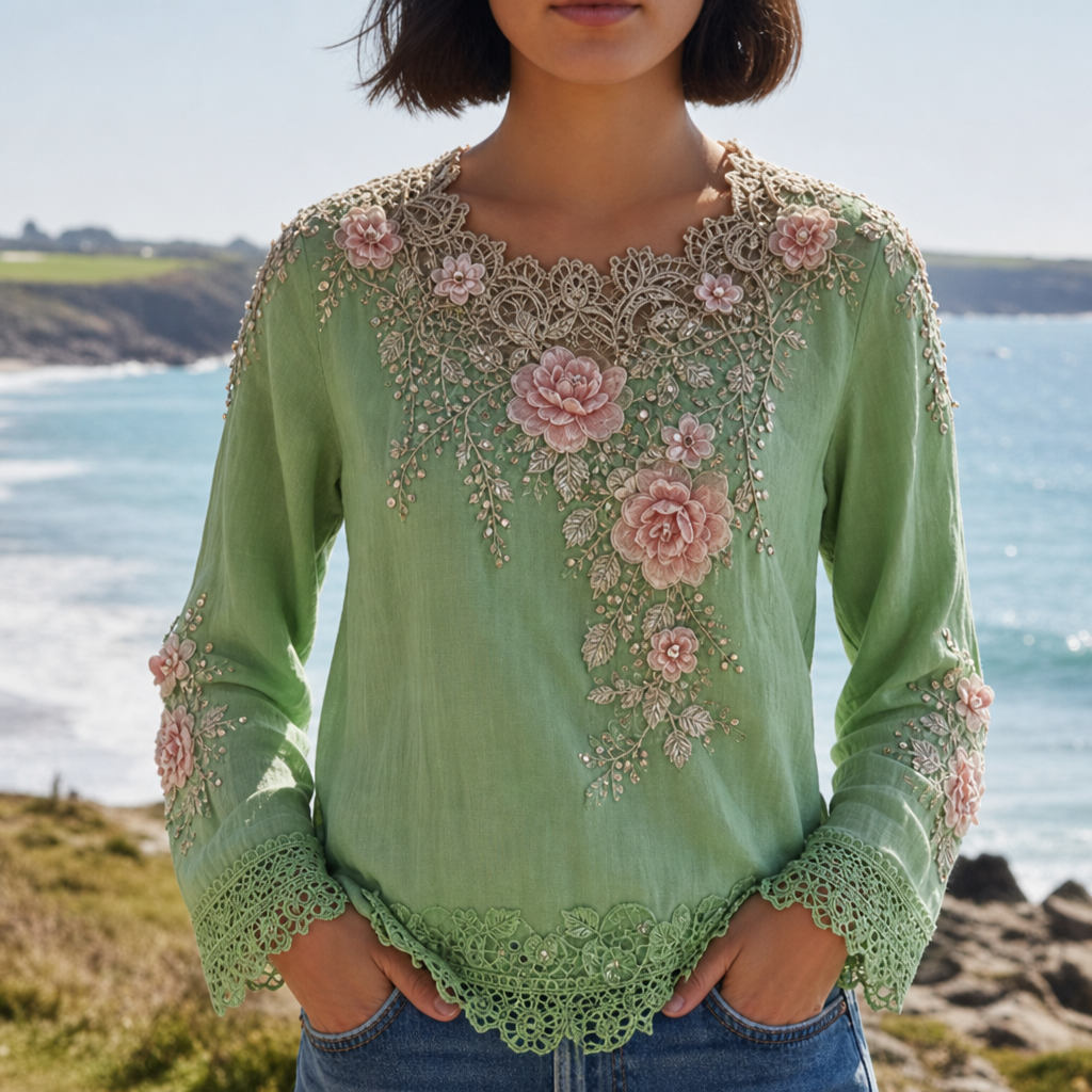 Almeria Floral Embroidered Lace Blouse in Green