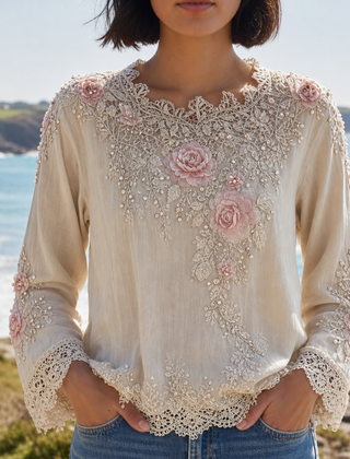 Almeria Floral Embroidered Lace Blouse in Beige