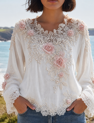 Almeria Floral Embroidered Lace Blouse in White