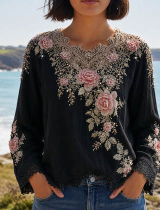 Almeria Floral Embroidered Lace Blouse in Black