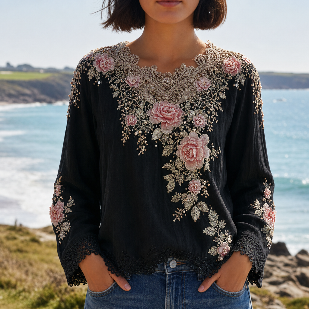 Almeria Floral Embroidered Lace Blouse in Black