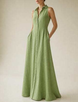 Anzio Linen Sleeveless Shirt Dress in Green