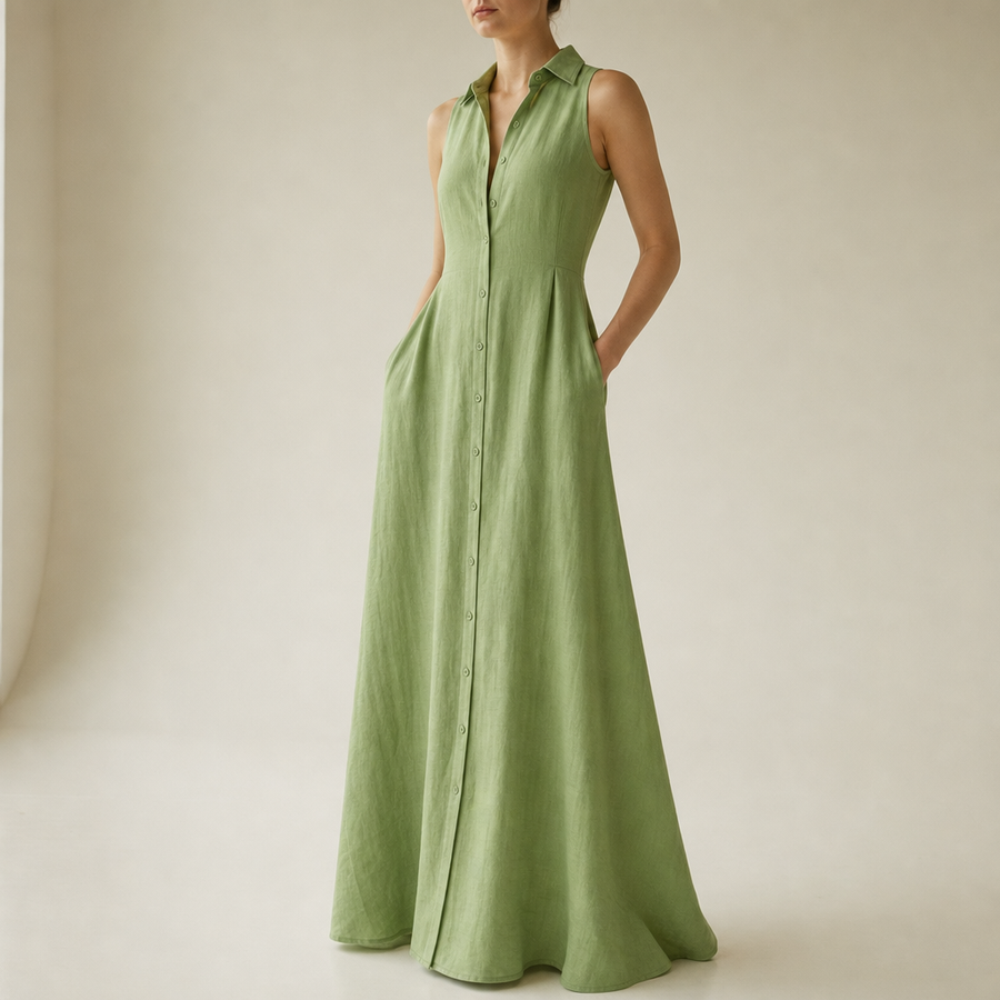 Anzio Linen Sleeveless Shirt Dress in Green
