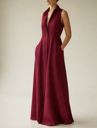 Anzio Linen Sleeveless Shirt Dress in Wine