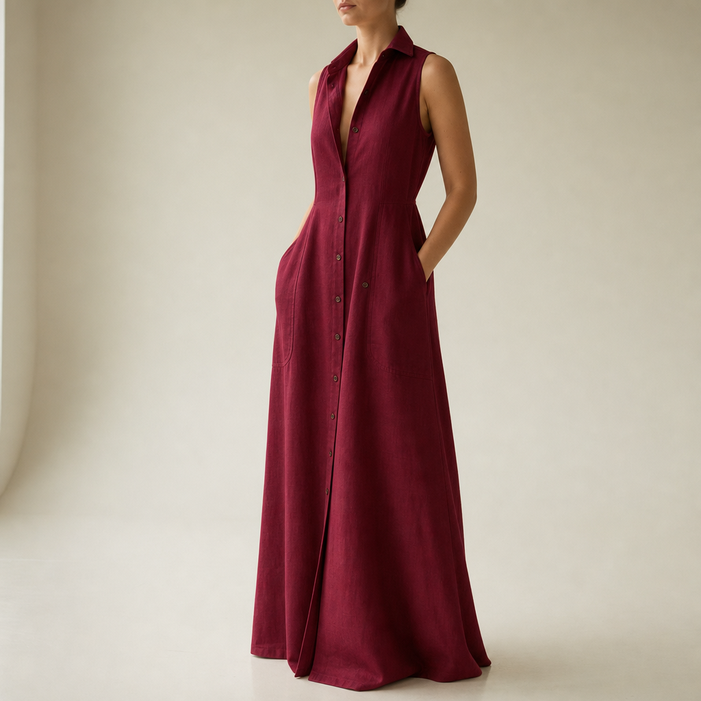 Anzio Linen Sleeveless Shirt Dress in Wine
