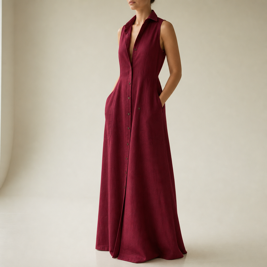 Anzio Linen Sleeveless Shirt Dress in Wine